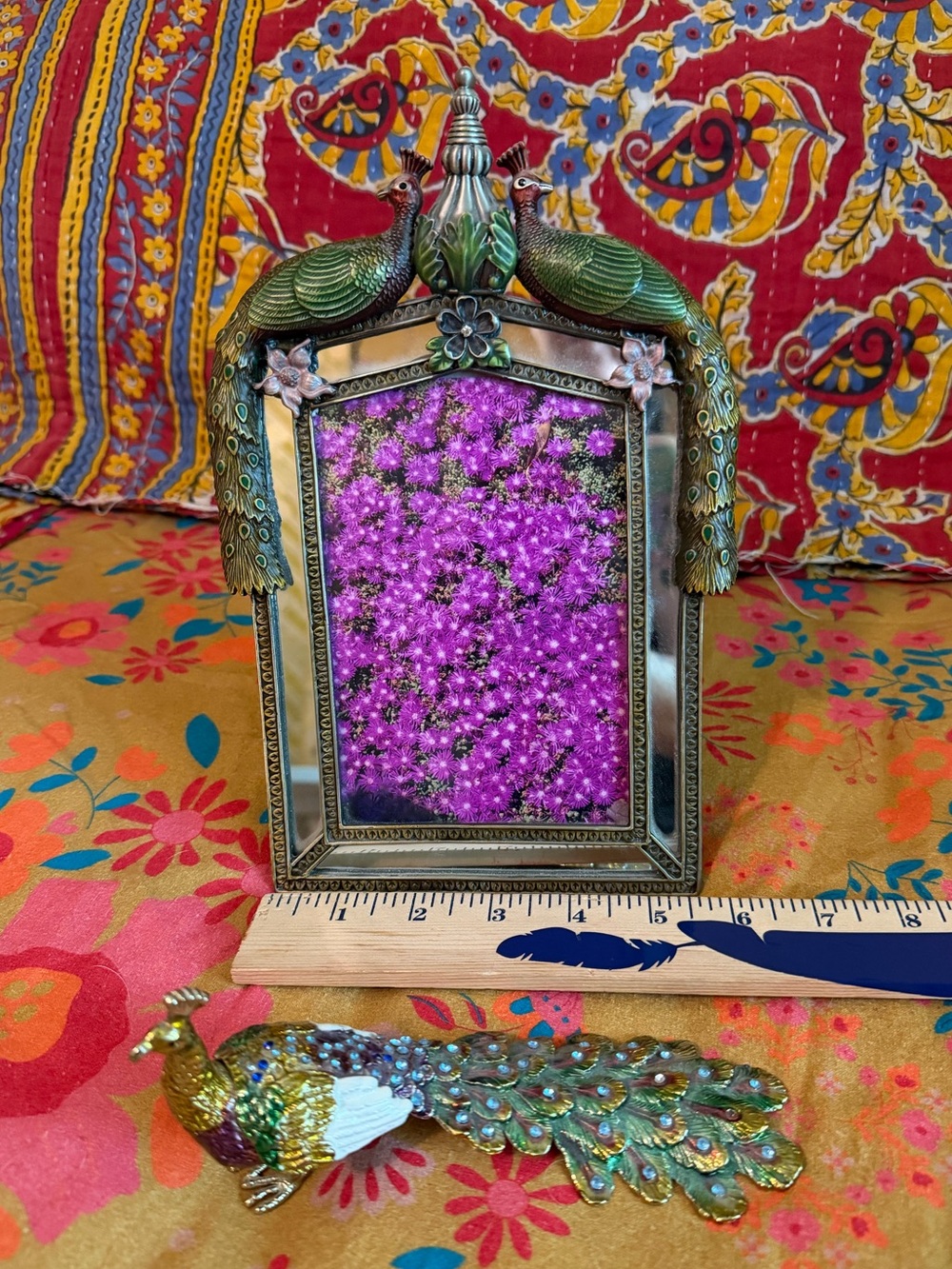 Ornate Peacock Picture Frame in Green and Gold and Peacock Trinket holder